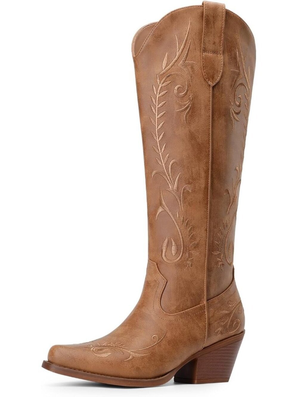 Womens Brown Faux Leather Cowboy Knee High Western Retro Cowgirl Boot